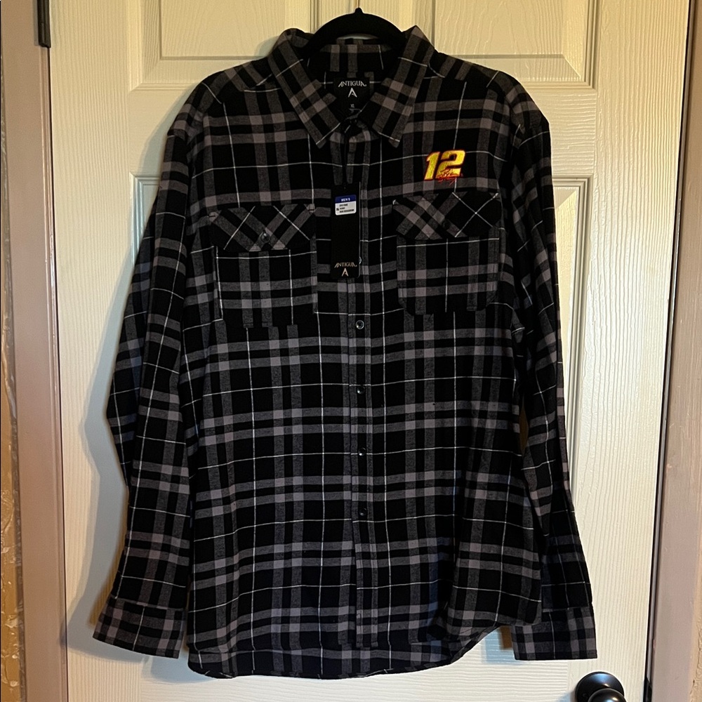 Ryan Blaney Men's Black and Gray Plaid Button-Up Shirt with 12 Logo - XL